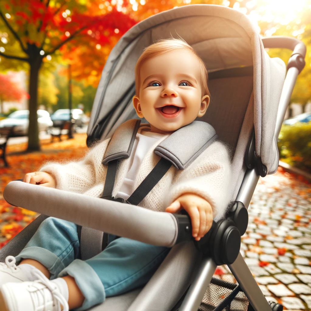 photo d'un bébé dans une poussette dans un parc en automne 