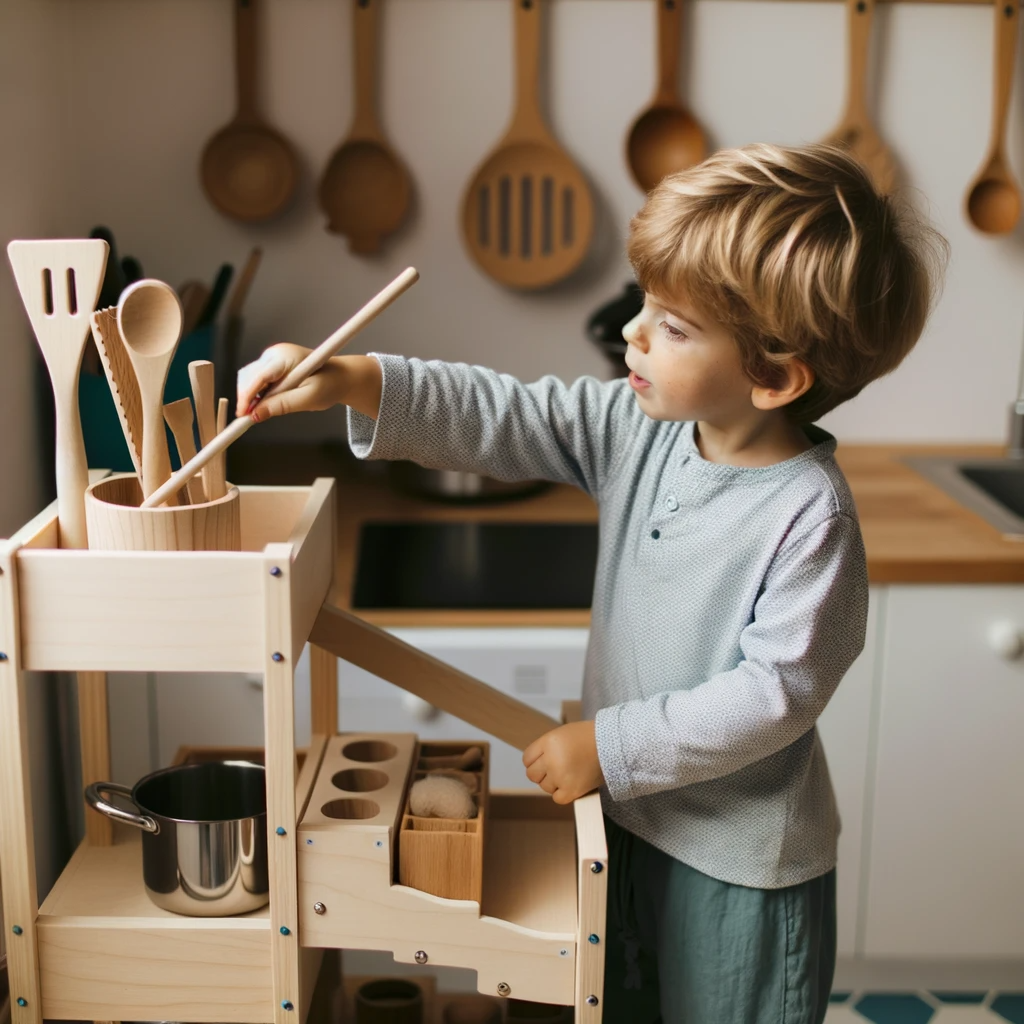 petit garçon sur une tour montessori en bois dans la cuisine qui aide ses parent