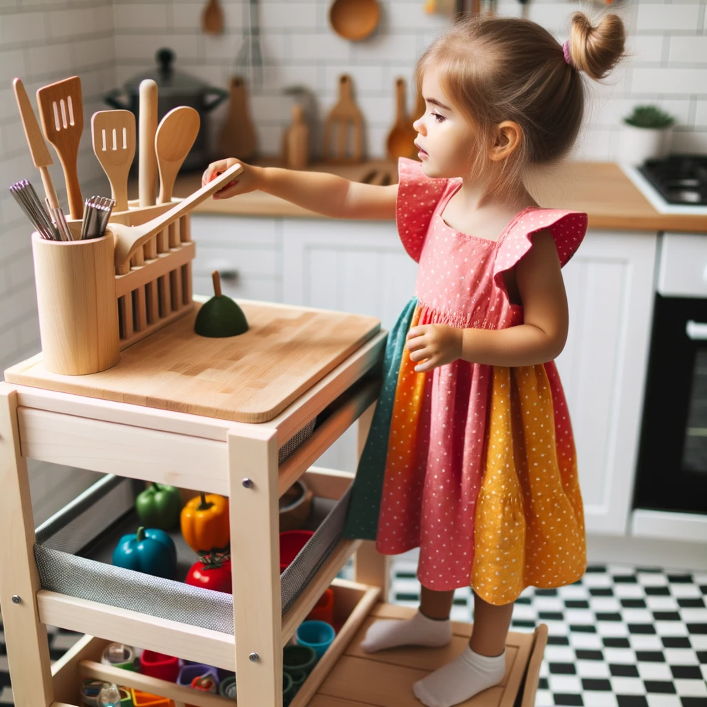 petit fille qui cuisine sur une tour Montessori en bois 