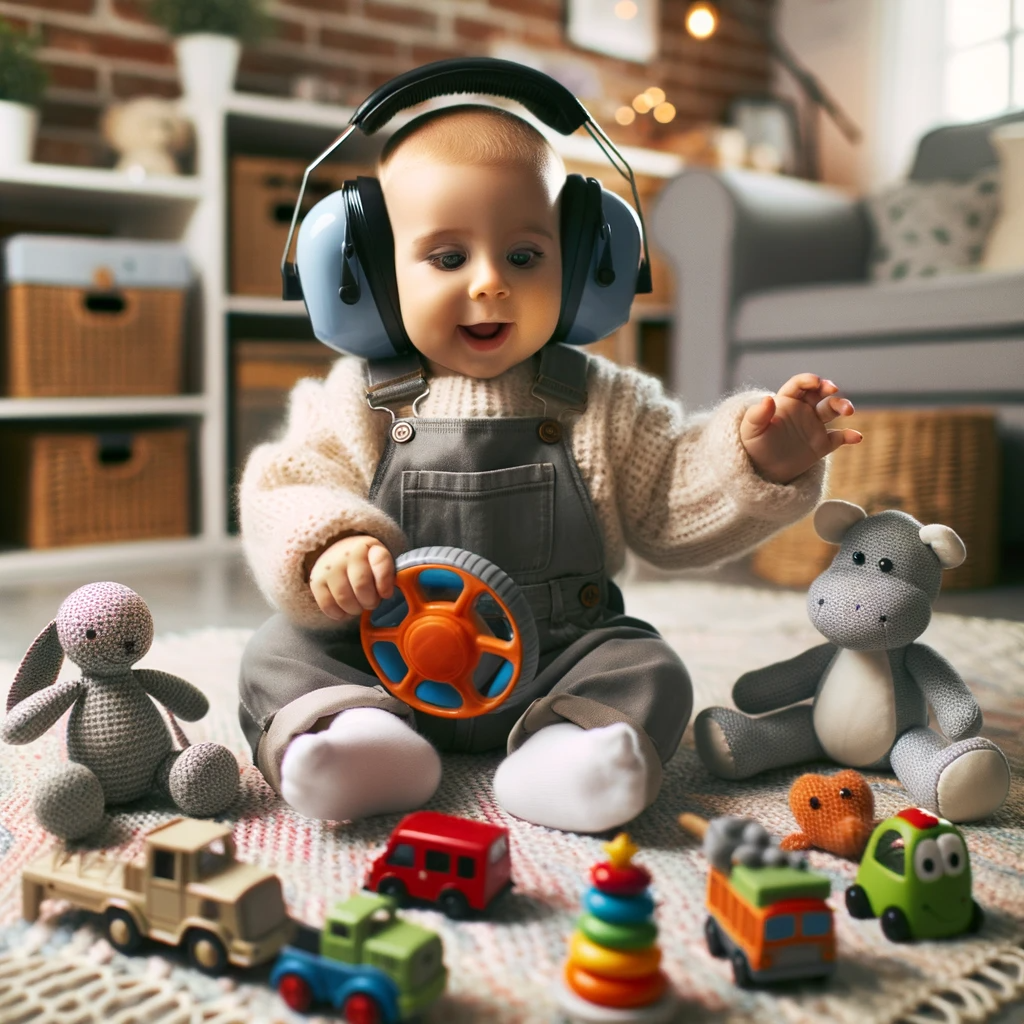photo d'un bébé qui joue dans sa chambre avec un casque anti bruit bébé sur les oreilles