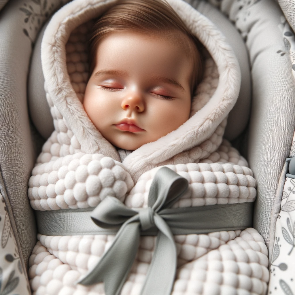 image d'une bébé qui dort dans un cosy emmaillotté 