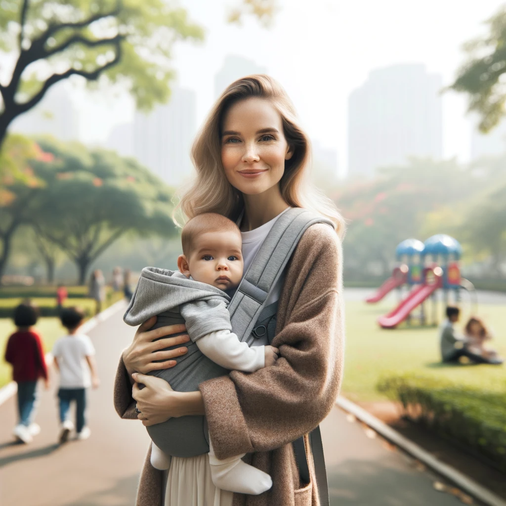 maman qui porte son bébé dans un manteau de portage dans un parc