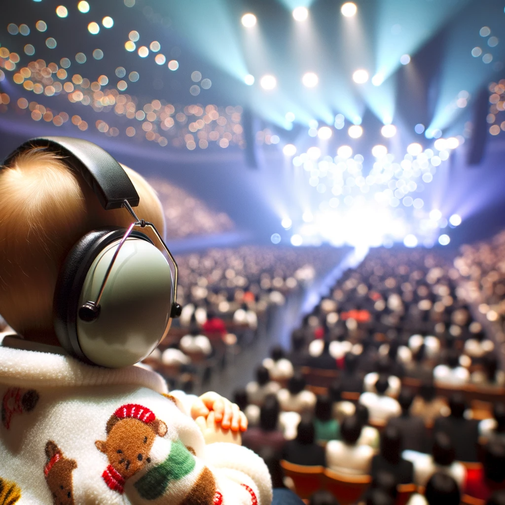 photo d'un bébé à un concert avec un casque anti bruit 