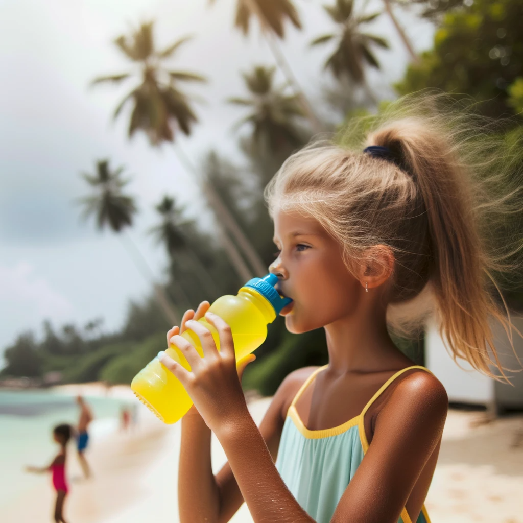 image d'une fille à la plage, avec des palmiers qui bois dans une gourde pour enfant jaune et bleu