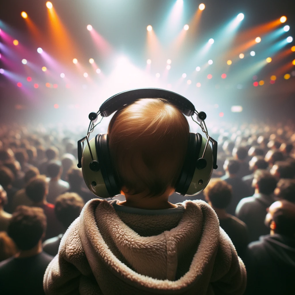 image d'un bébé à un concert avec un casque anti bruit sur les oreilles