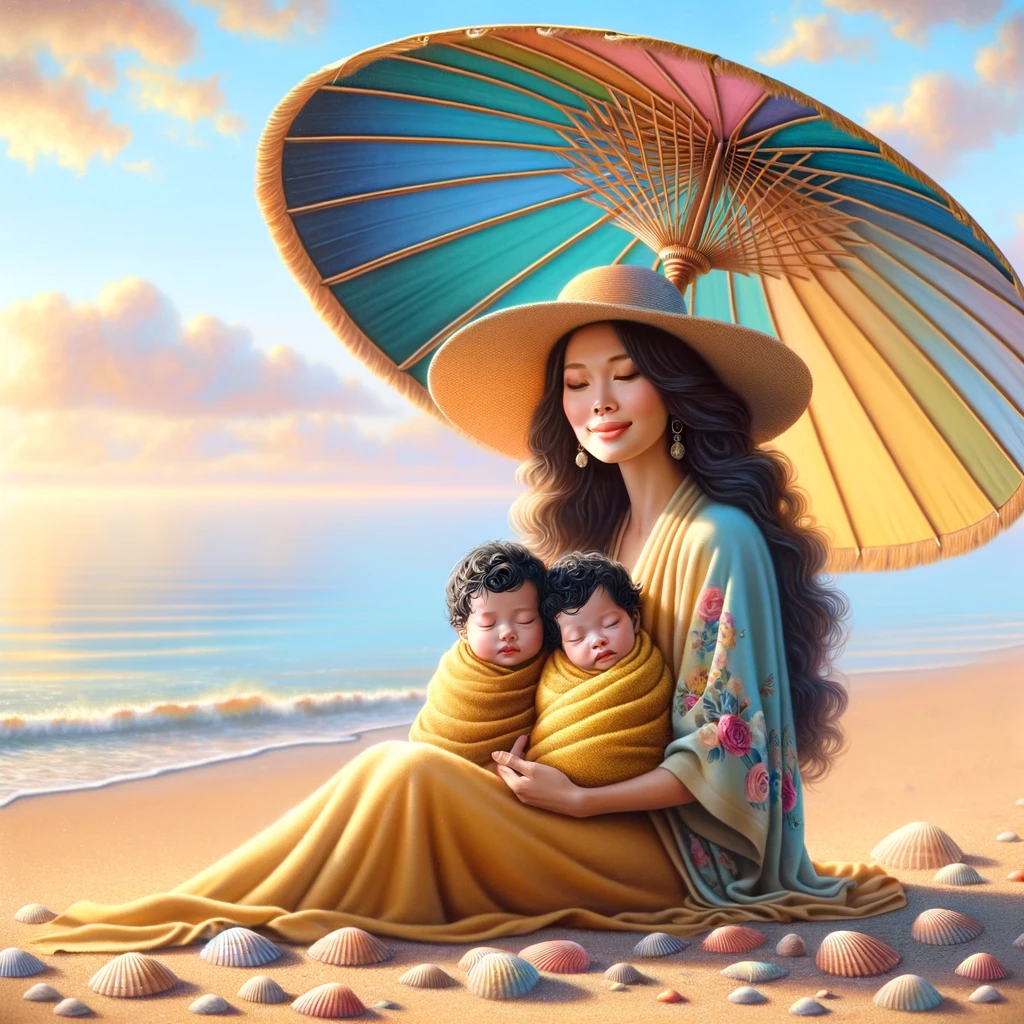 
Créez une image ultra-réaliste d'une mère aux longs cheveux fluides et d'ascendance sud-asiatique, portant un chapeau à large bord, assise sous un parasol coloré sur une plage ensoleillée. Elle tient dans ses bras ses bébés jumeaux, enveloppés dans de douces couvertures jaunes. Les bébés ont de petites touffes de cheveux noirs doux et dorment paisiblement. Le parasol projette une ombre fraîche sur eux, tandis qu'à l'arrière-plan, la mer est calme avec de douces vagues, sous un ciel de couleurs pastel douces. Le décor est serein, avec le sable doré qui les entoure parsemé de coquillages. big-poussette.com